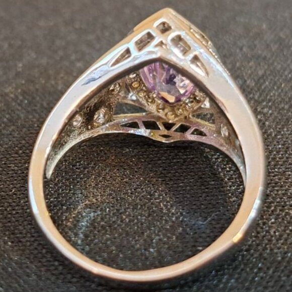 Vintage Silver Tone Amethyst & Rhinestone Ring Size 7 Delicate Style - Picture 2 of 6